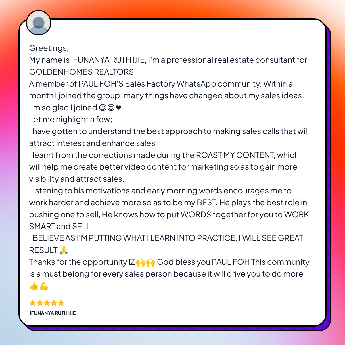Testimonial from Ifunanya Ruth Ijie